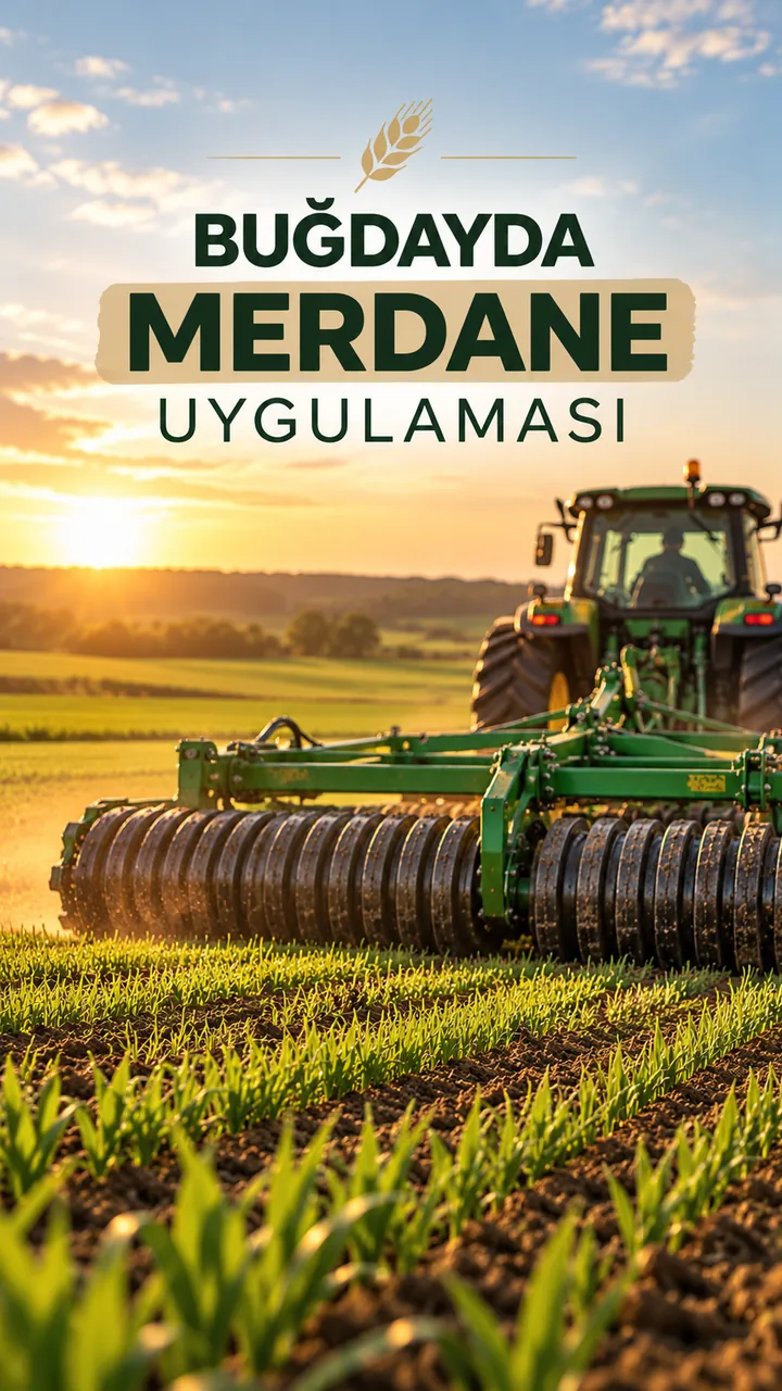 Gün doğumunda genç buğday tarlasında merdane çeken traktör