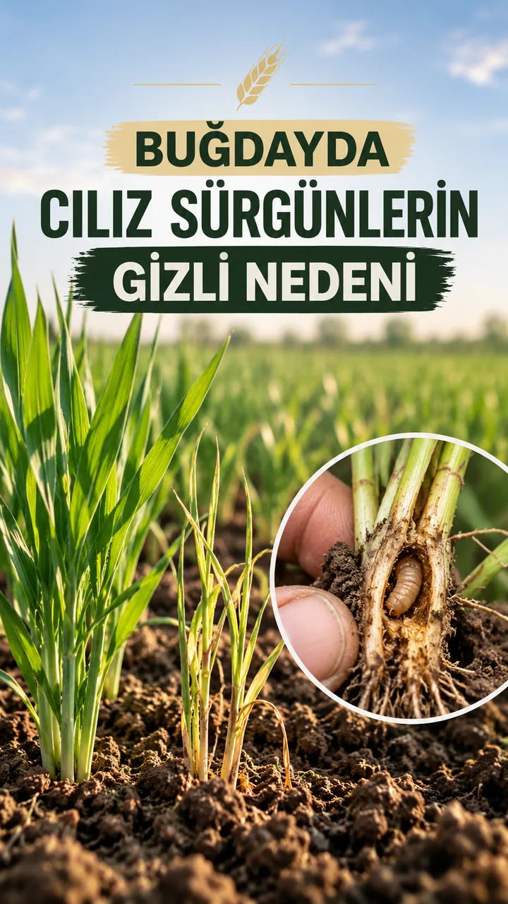 Toprakta cılız kalan buğday sürgünleri ve yakından incelenen bitki dibi